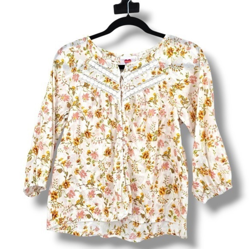 Hester Orchard Floral‎ Blouse Crochet Trim 3/4 Sleeve Top Size S